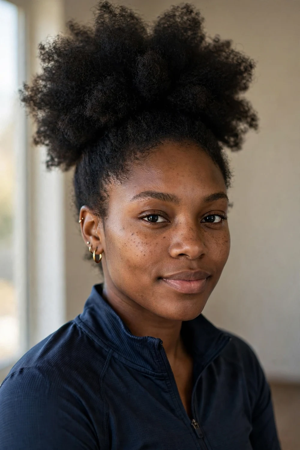 Woman with a high afro puff, a bold basketball hairstyle for women