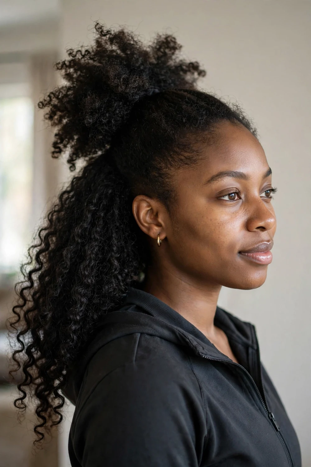 Woman with a high puff ponytail for basketball