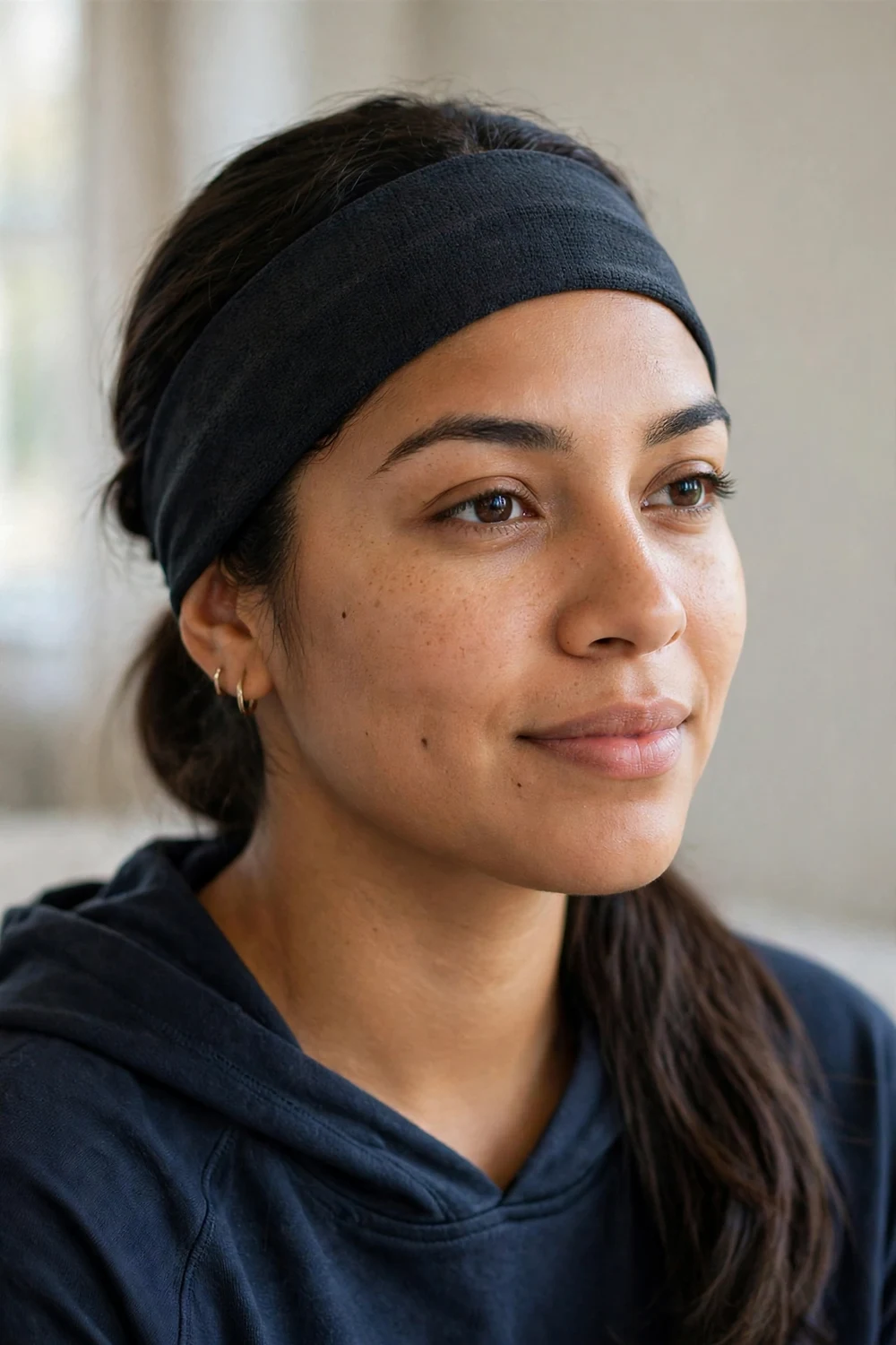 Woman wearing a wide athletic headband over a low ponytail for basketball