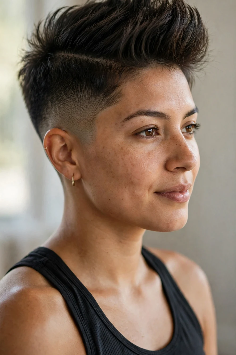 Woman with a faux hawk fade haircut for basketball
