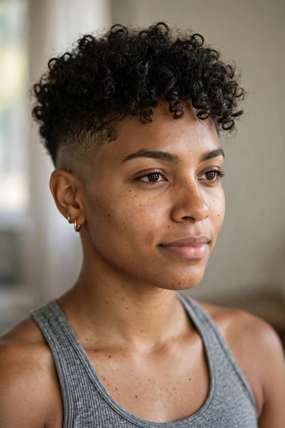 Woman with a curly top fade haircut for basketball