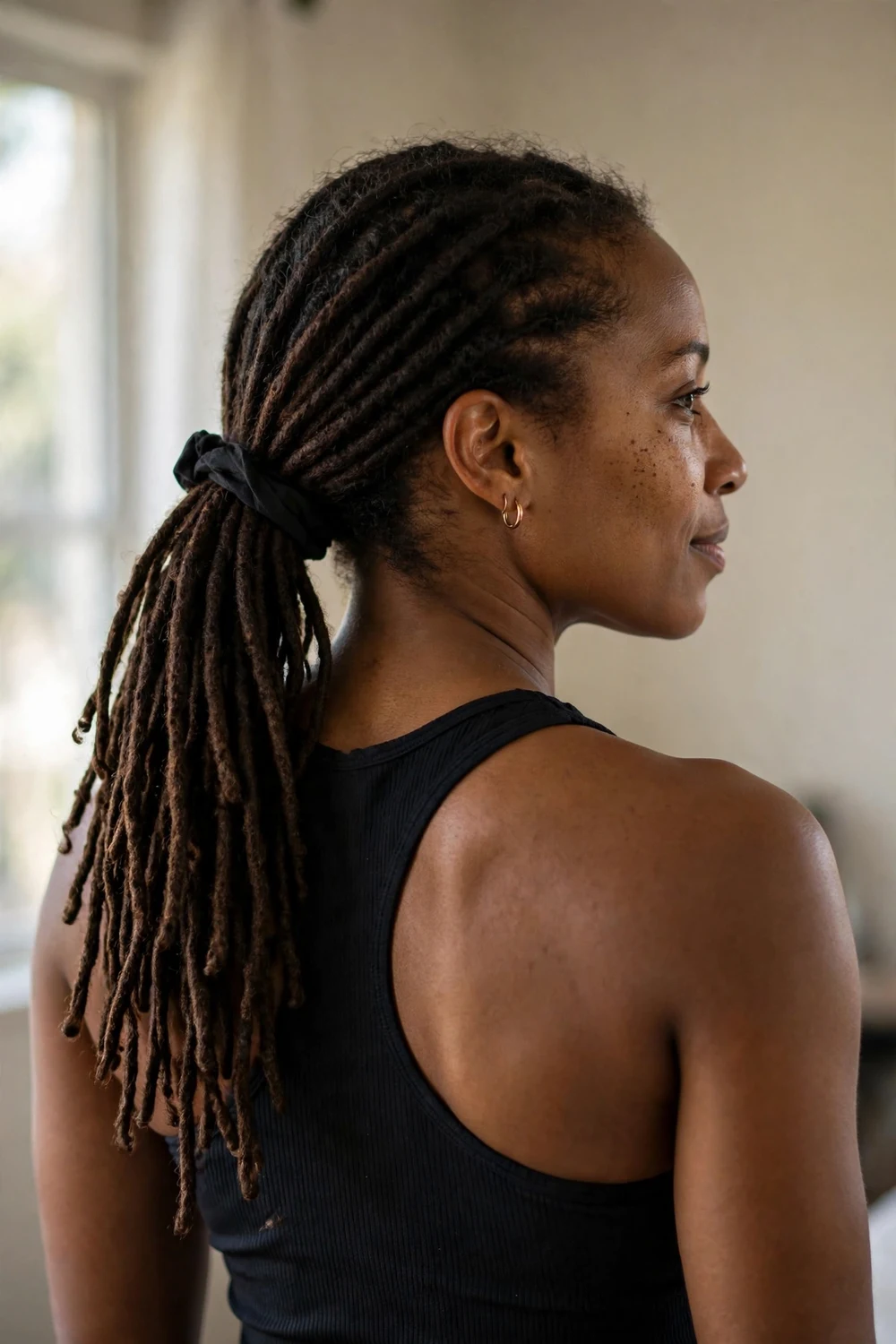 Woman with dreadlocks tied back into a ponytail for basketball