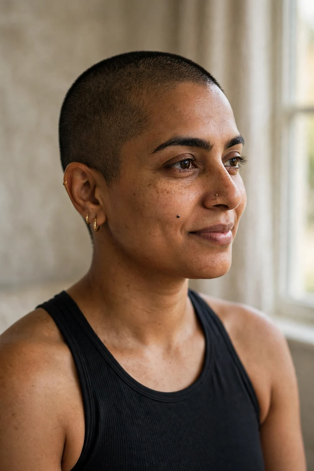 Woman with a buzz cut, the lowest maintenance basketball hairstyle for women