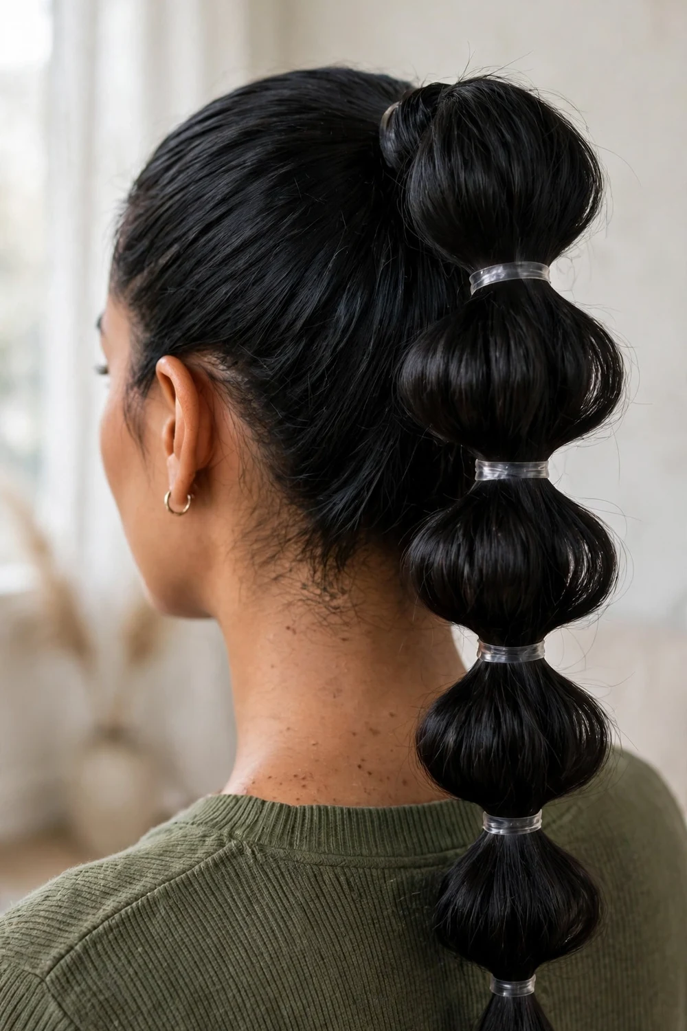 Bubble braid ponytail with plump segments and clear elastics