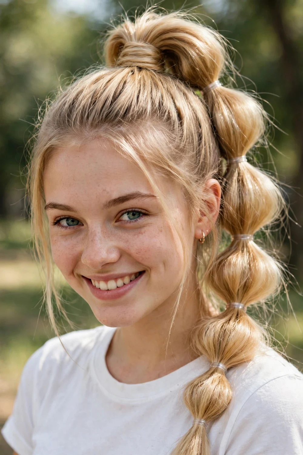 Woman with a playful bubble braid ponytail