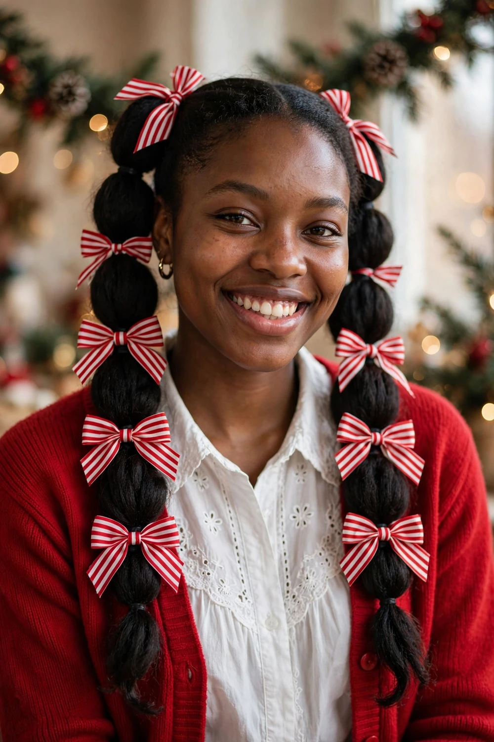 Woman with bubble braids tied with red and white striped bows
