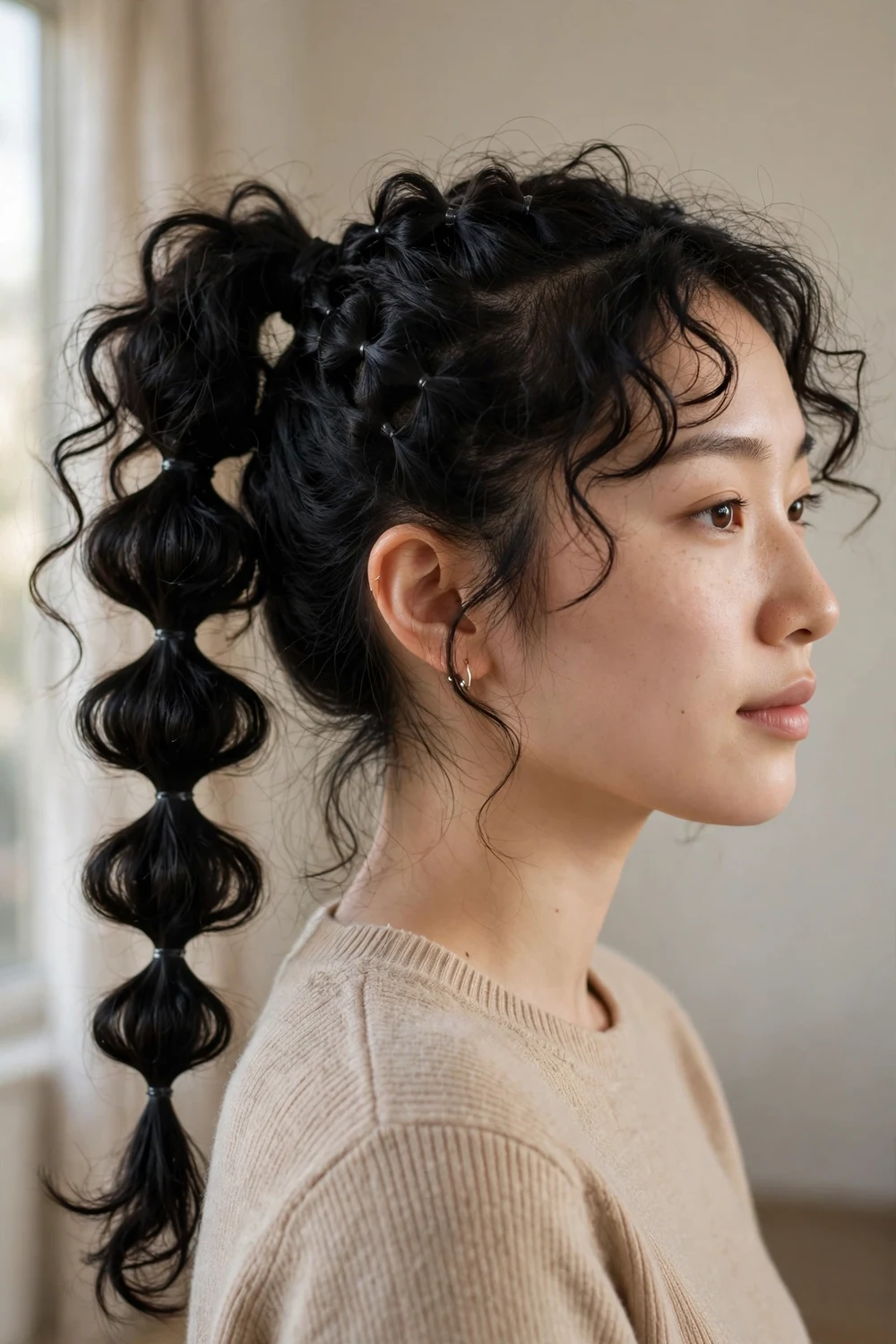 Woman with black long hair in bubble braids with curled texture