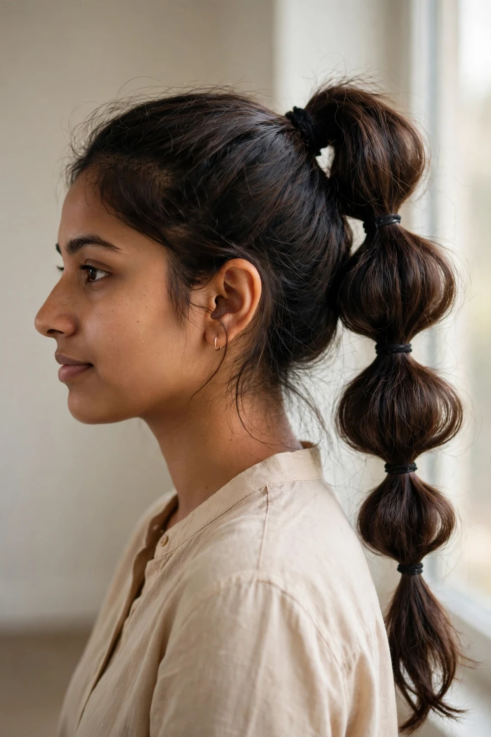 Woman with bubble ponytail for Christmas long hair