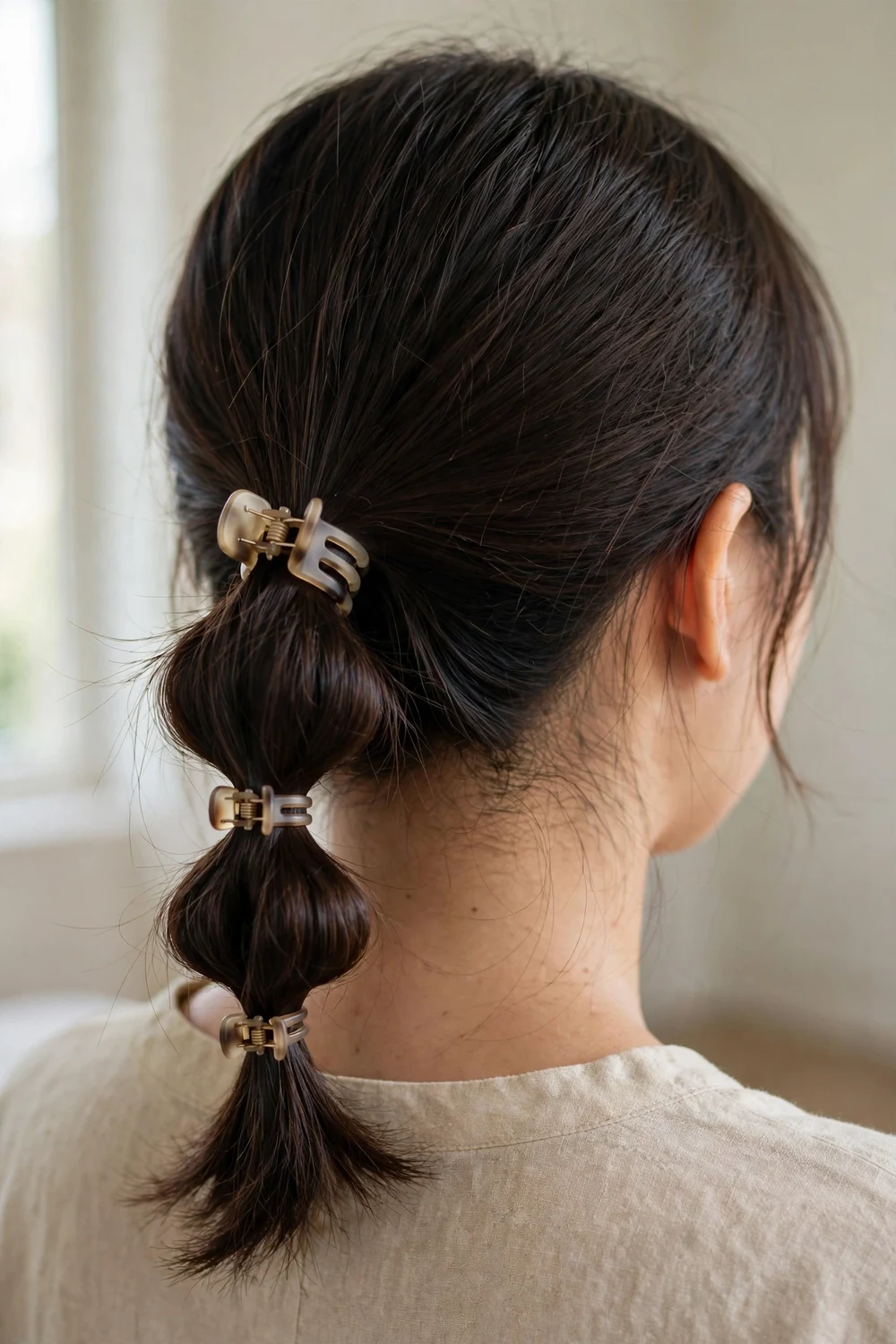Bubble ponytail with small claw clips on thin fine brown hair