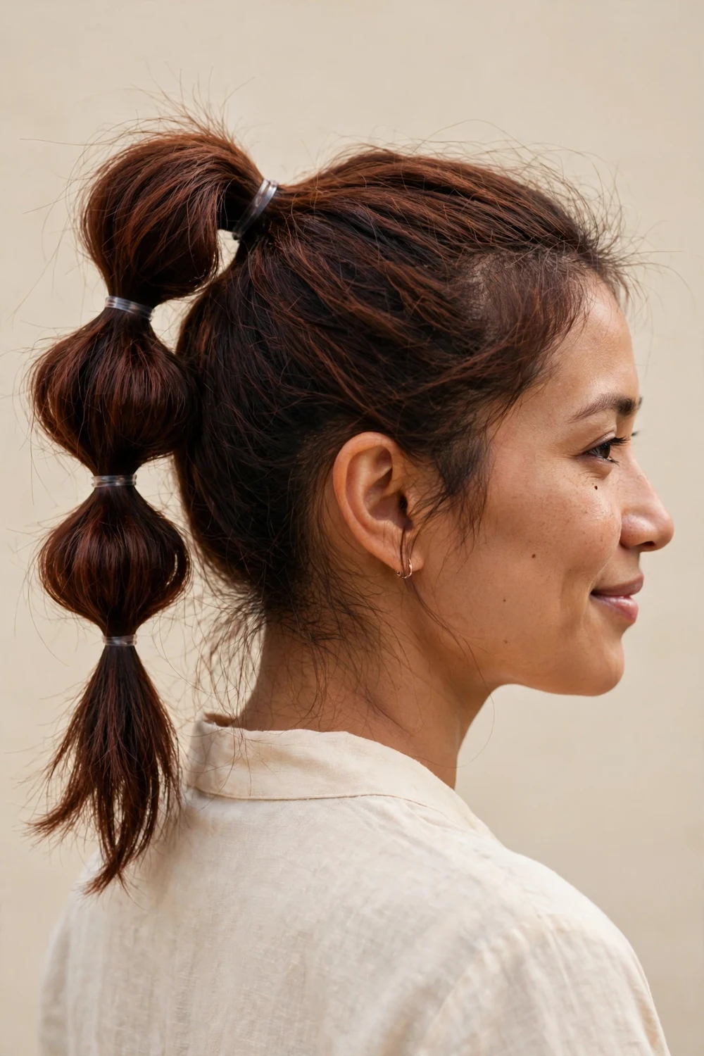 Woman with a bubble ponytail hairstyle adding volume to thin hair