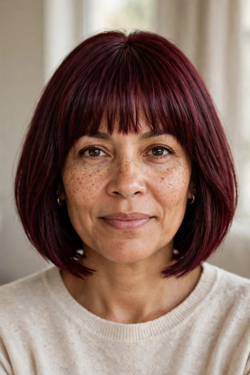 Burgundy A-line bob with full bangs and rich color