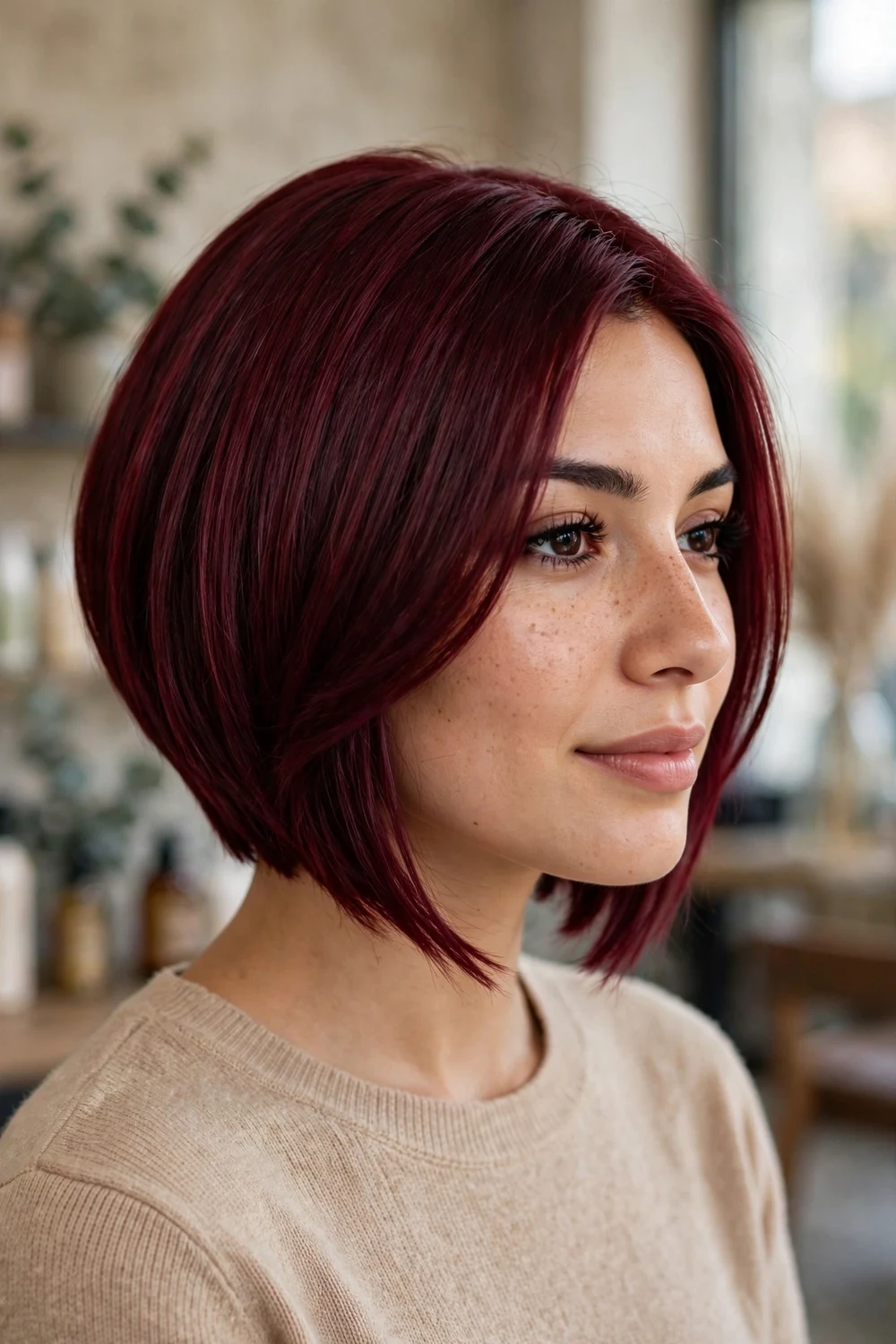 Burgundy angled bob with deep wine-toned color