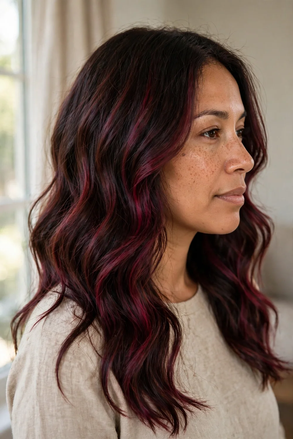 Woman with dark brown wavy hair and velvety burgundy balayage