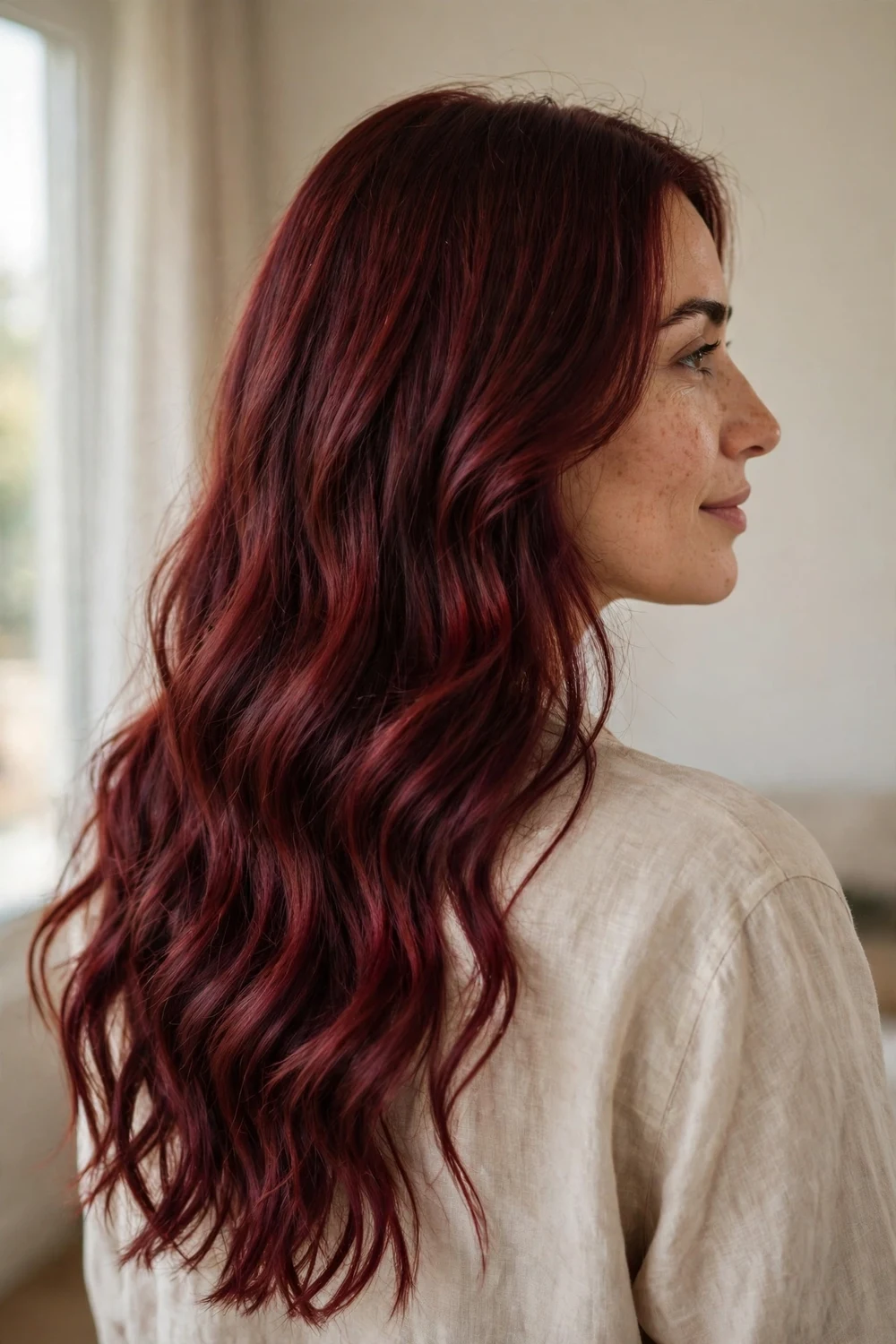 Woman with auburn tinted burgundy waves
