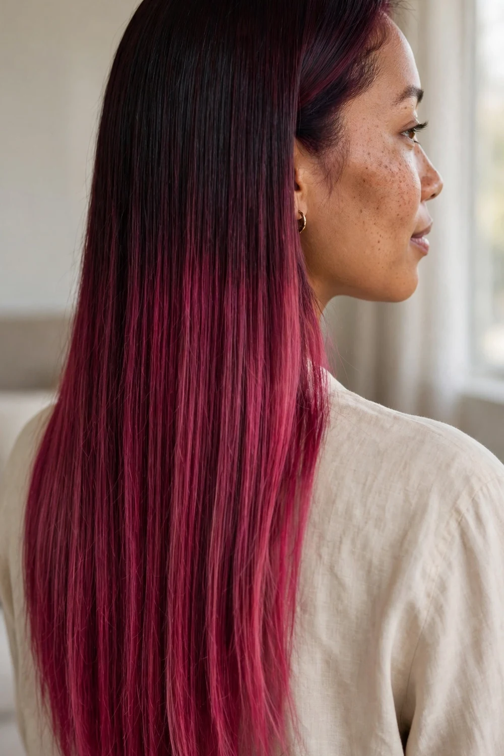 Woman with berry burgundy fade and sleek finish