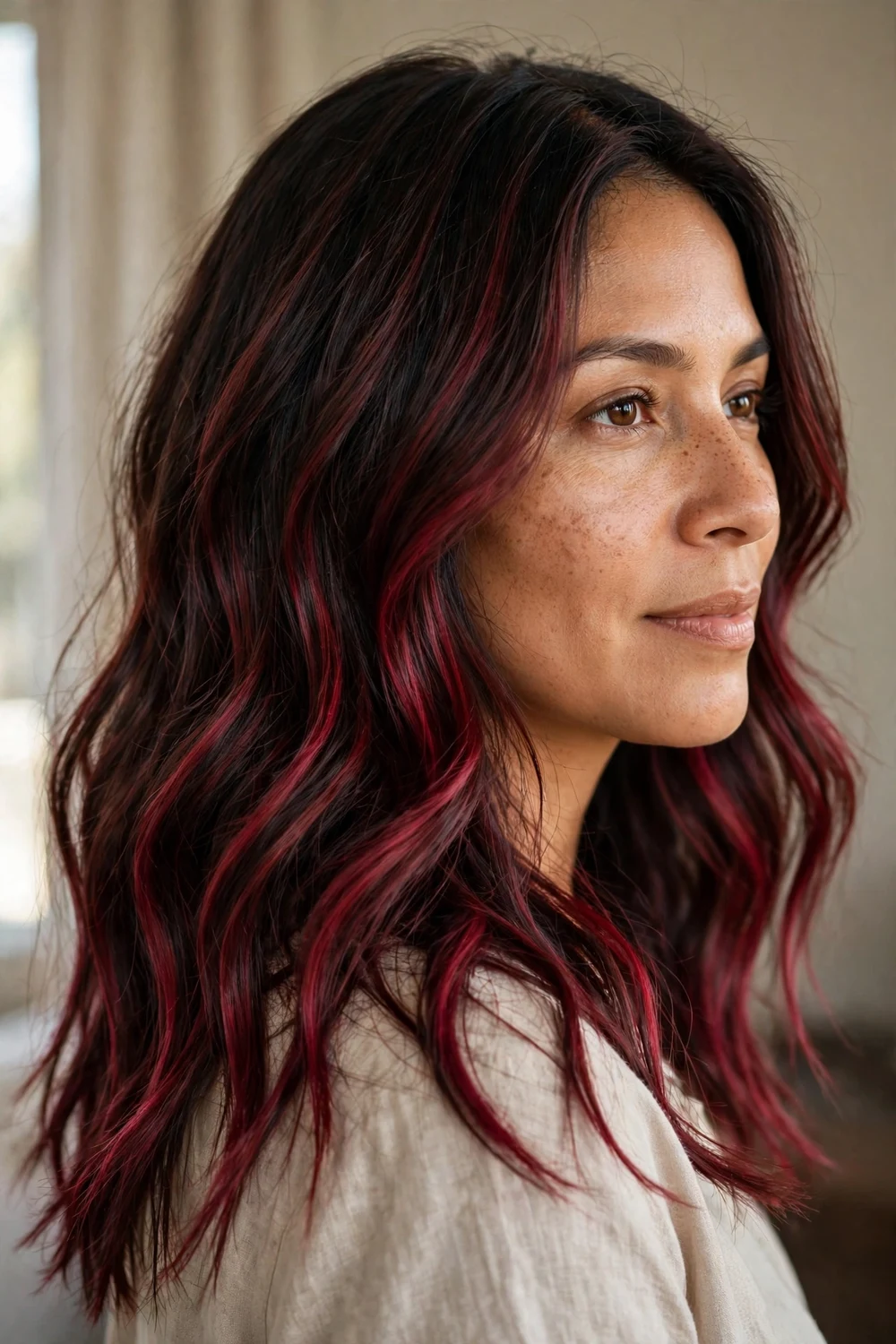 Woman with classic burgundy balayage on dark hair
