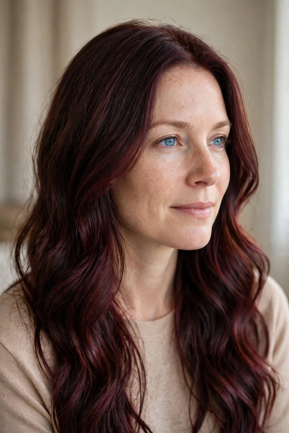 Woman with burgundy brown hair color