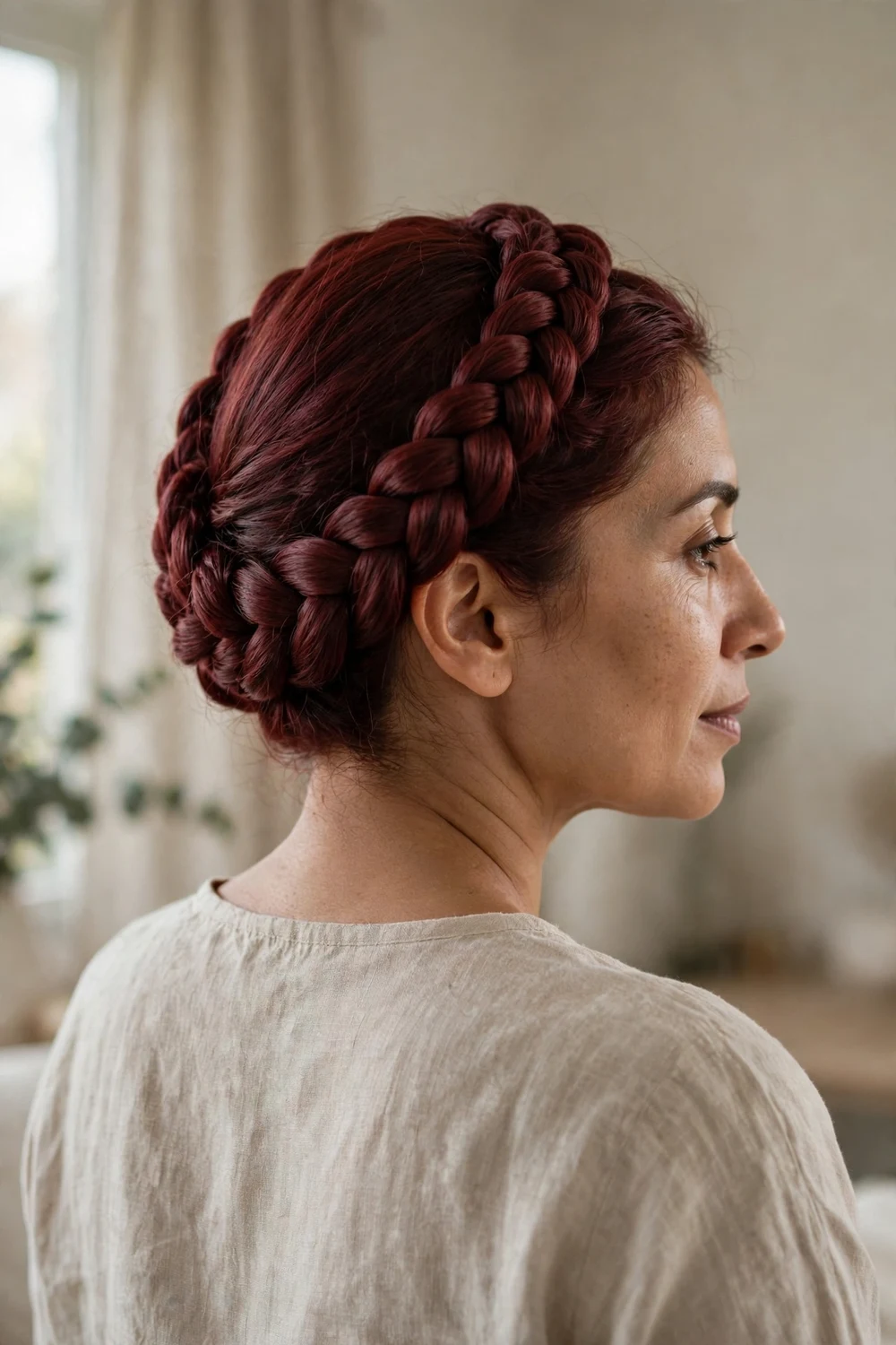 Woman with burgundy crown braid updo