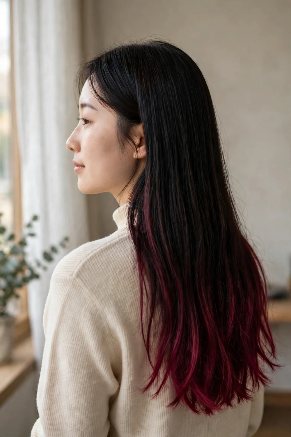 Woman with burgundy dip dye ends
