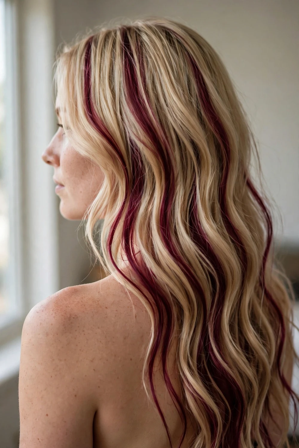 Woman with burgundy highlights on blonde hair