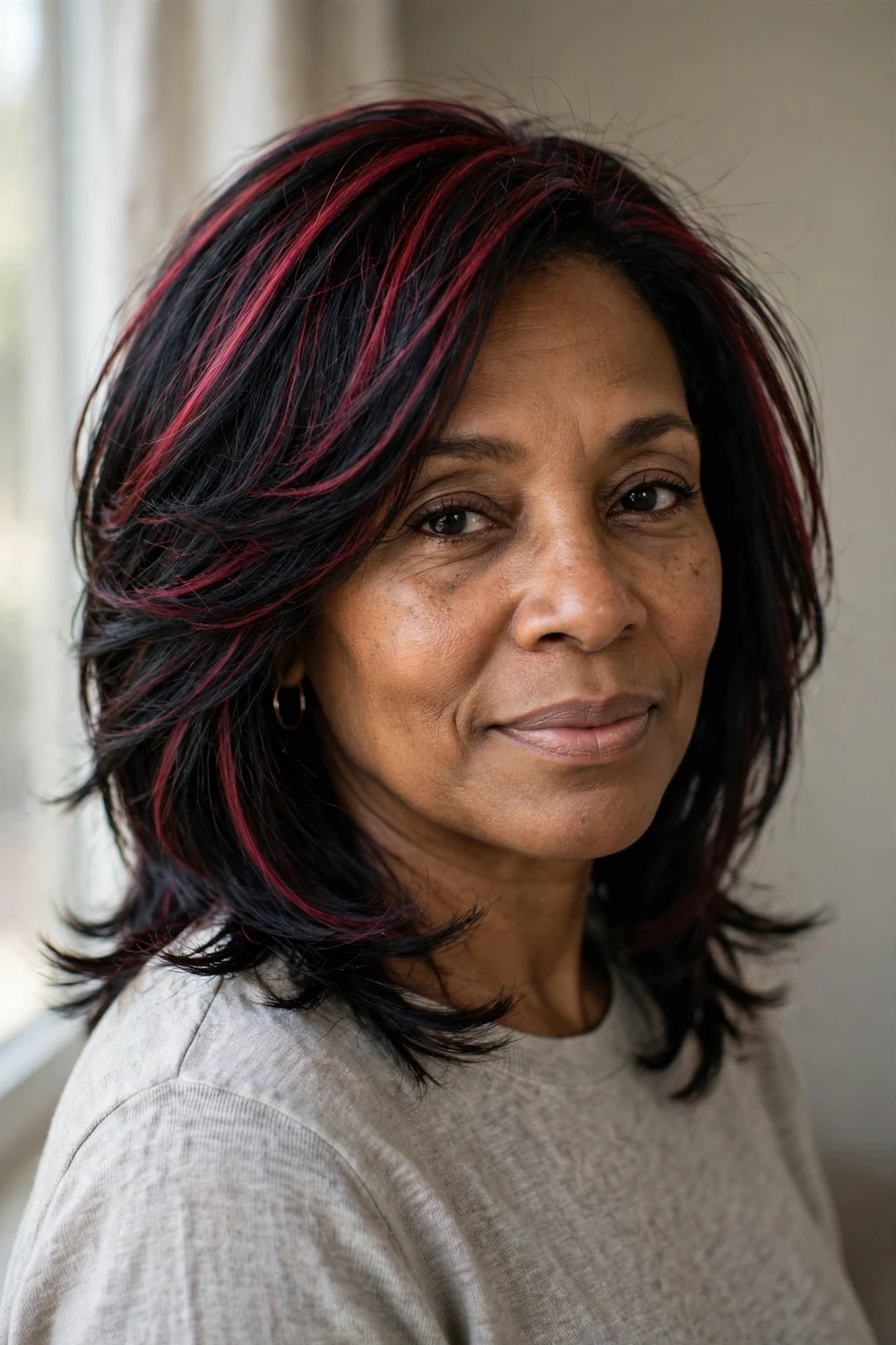 Woman with burgundy highlights on dark hair