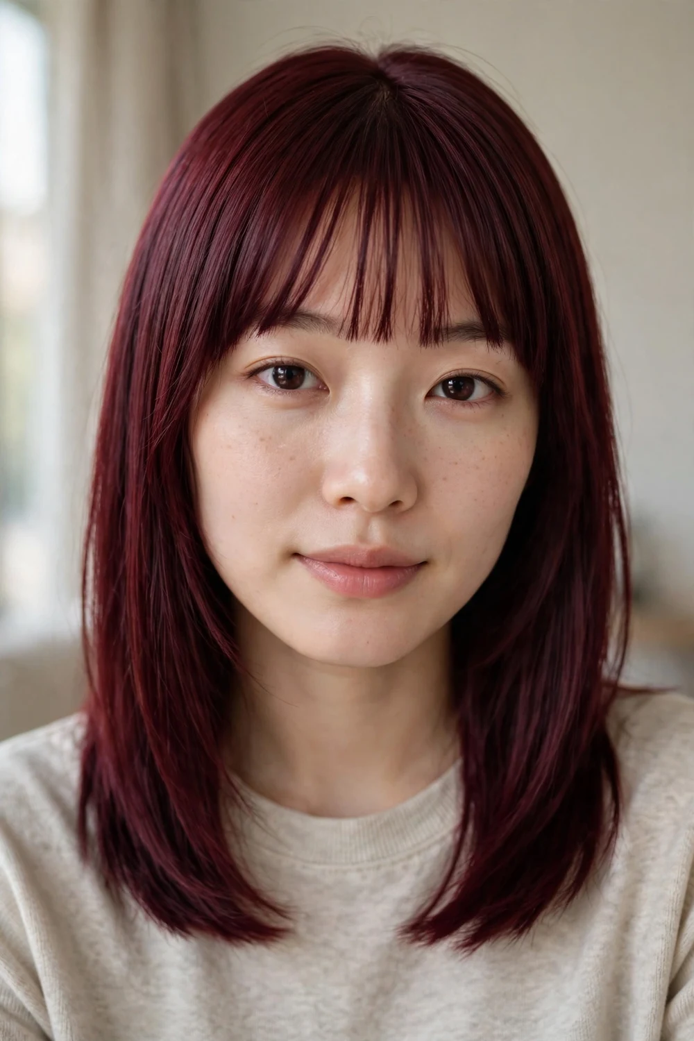 Woman with burgundy lob and blunt bangs