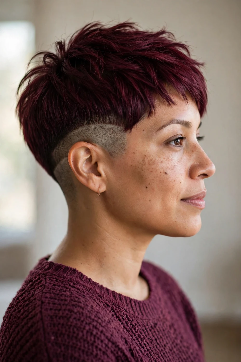 Woman with burgundy pixie cut and undercut