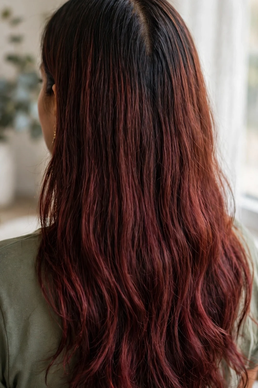 Woman with chestnut burgundy root fade