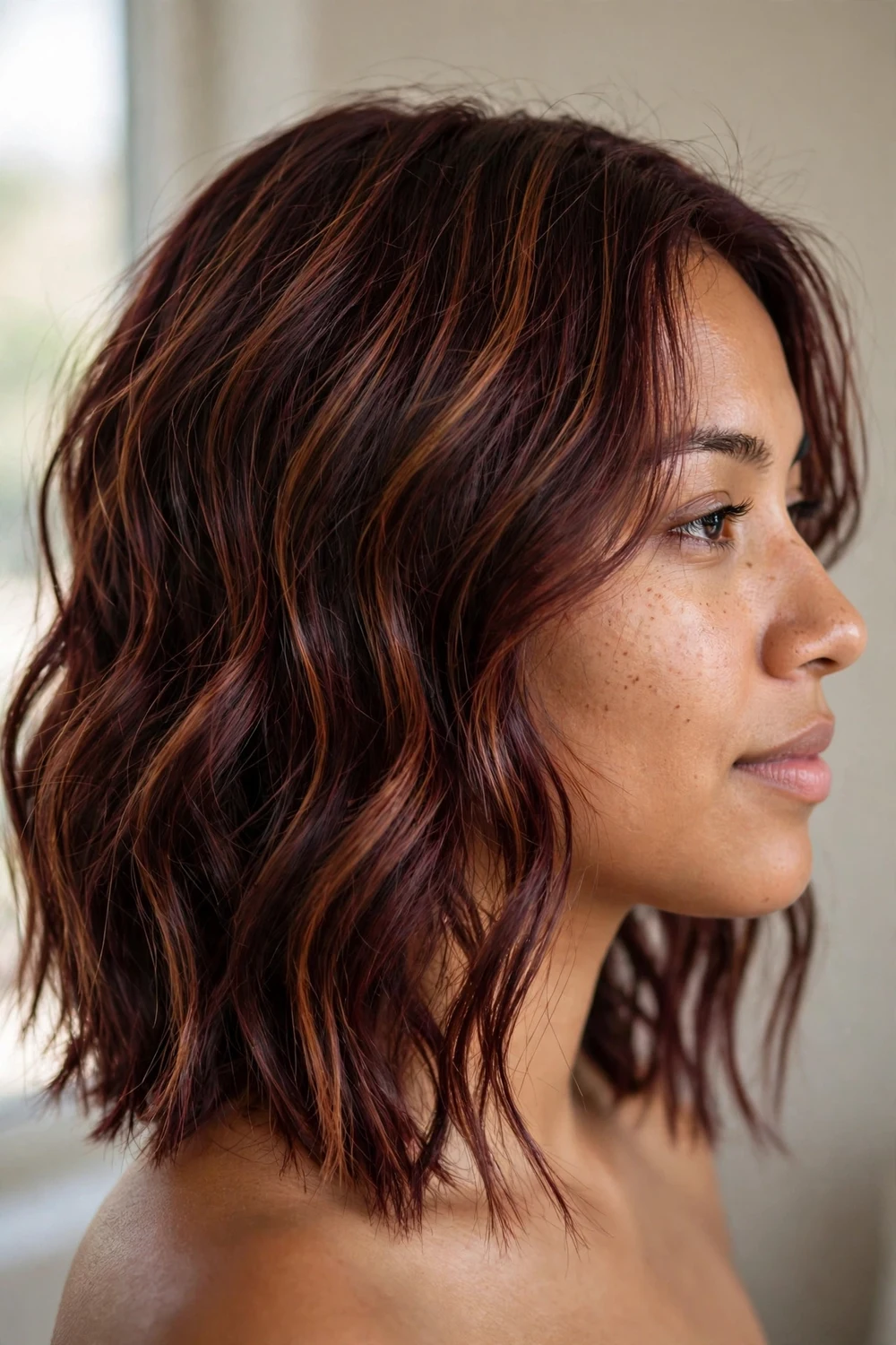 Woman with cinnamon undertoned burgundy waves