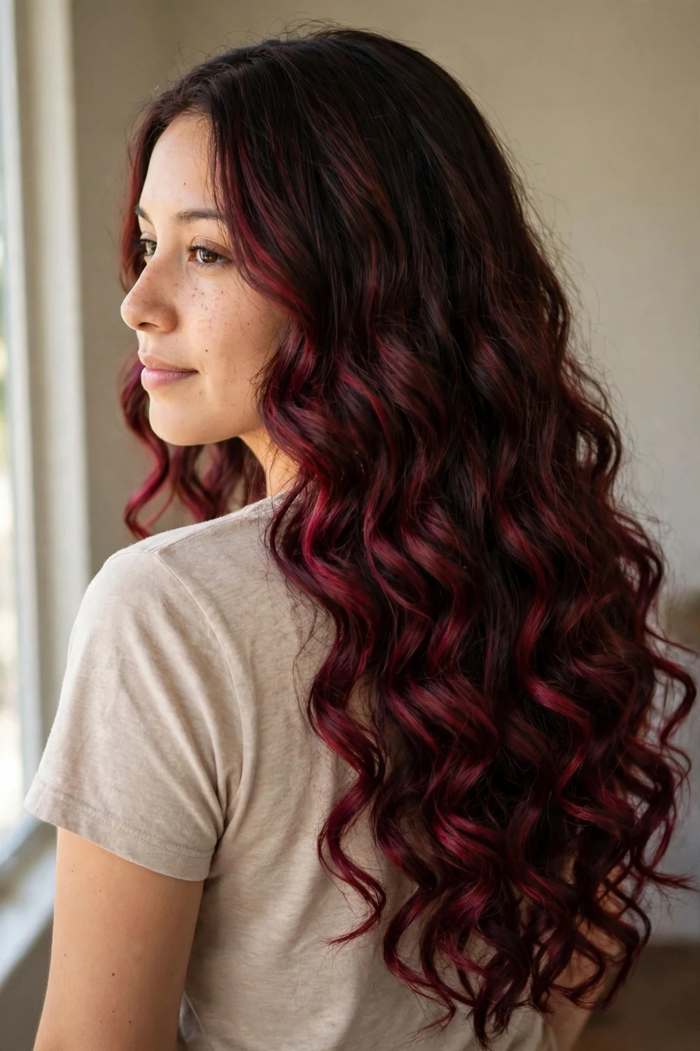 Woman with crimson burgundy balayage and cascading curls