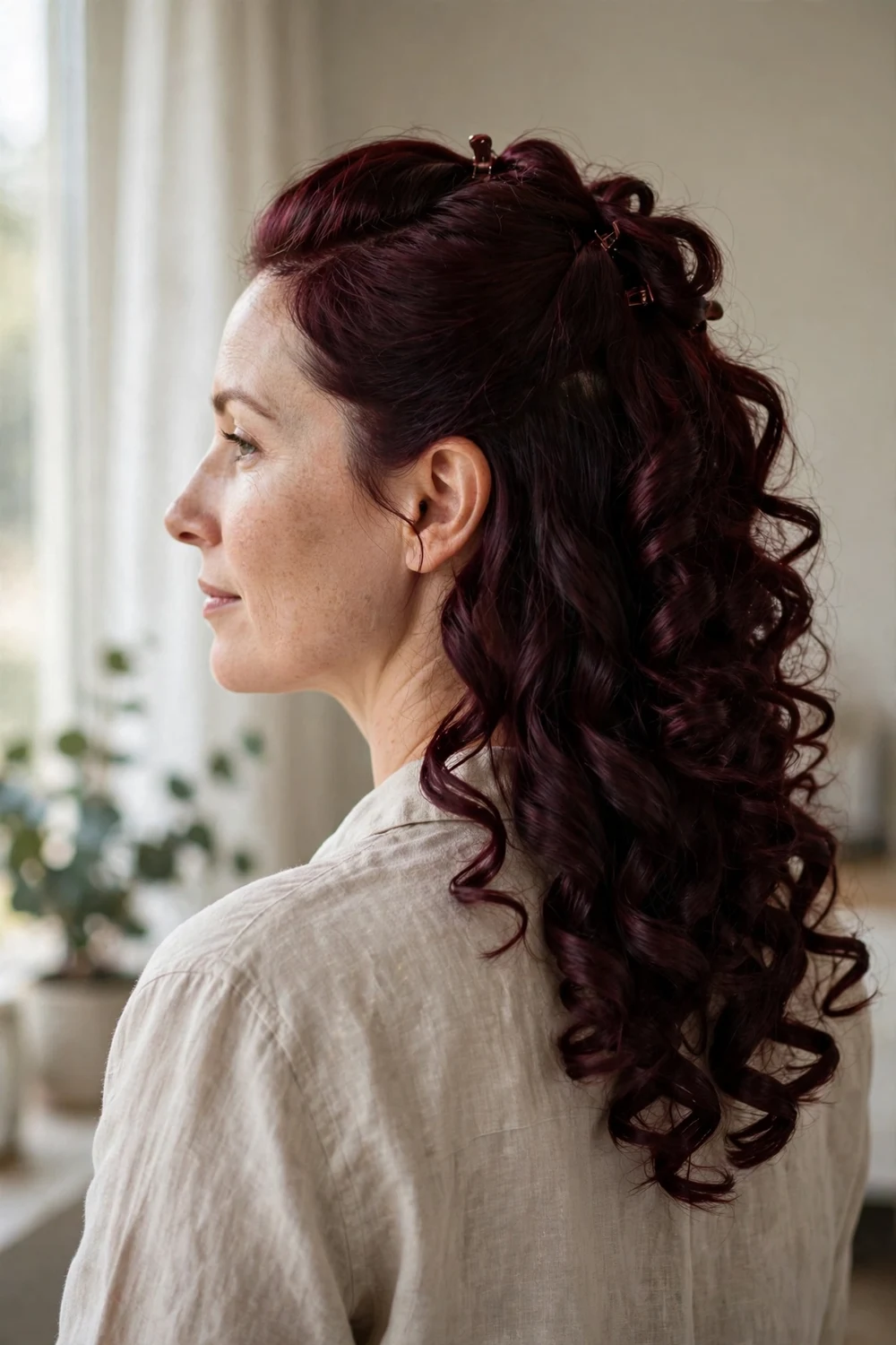 Woman with dark burgundy half updo and ringlets