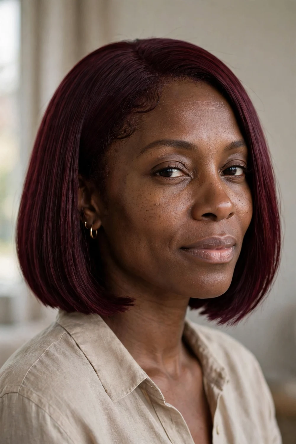 Woman with deep burgundy bob haircut