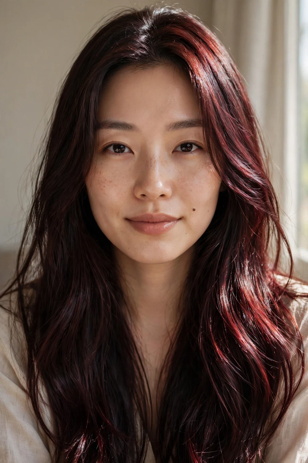 Woman with deep burgundy gloss on dark brown hair