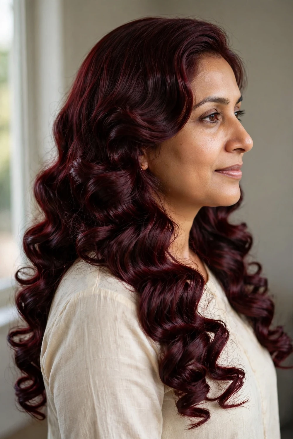 Woman with Hollywood curls and deep burgundy shine