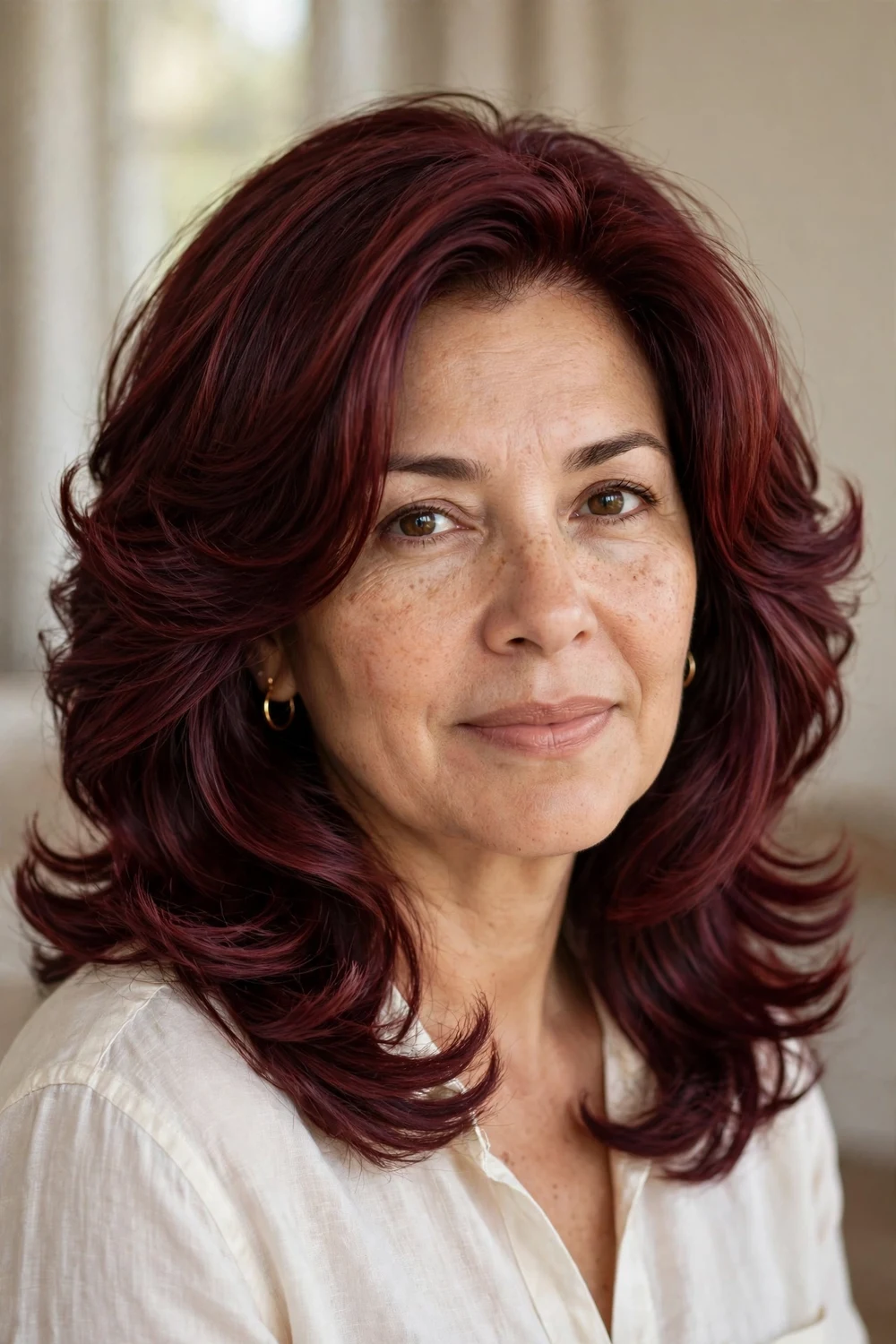 Woman with layered burgundy blowout
