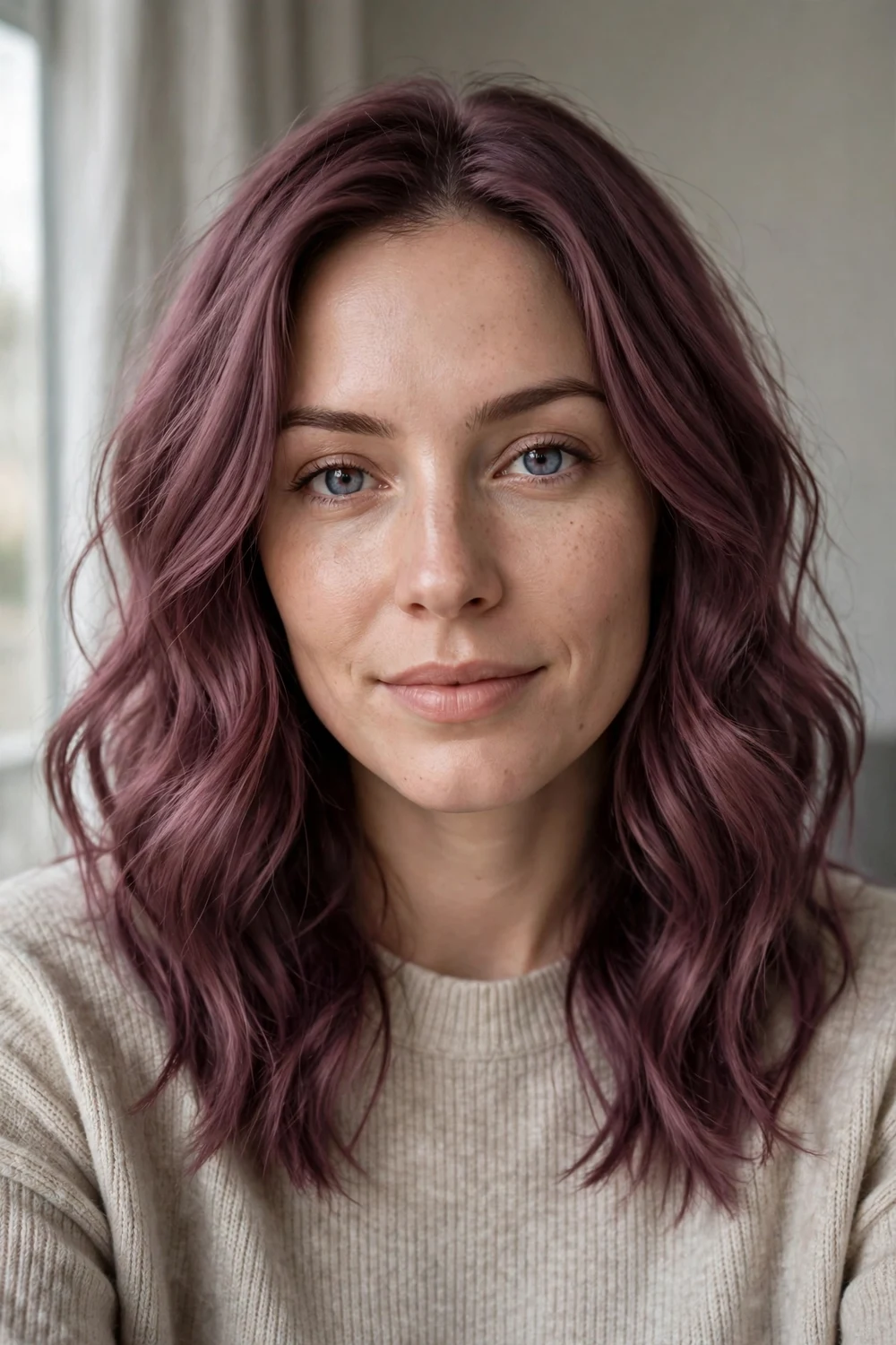 Woman with mauve burgundy loose waves