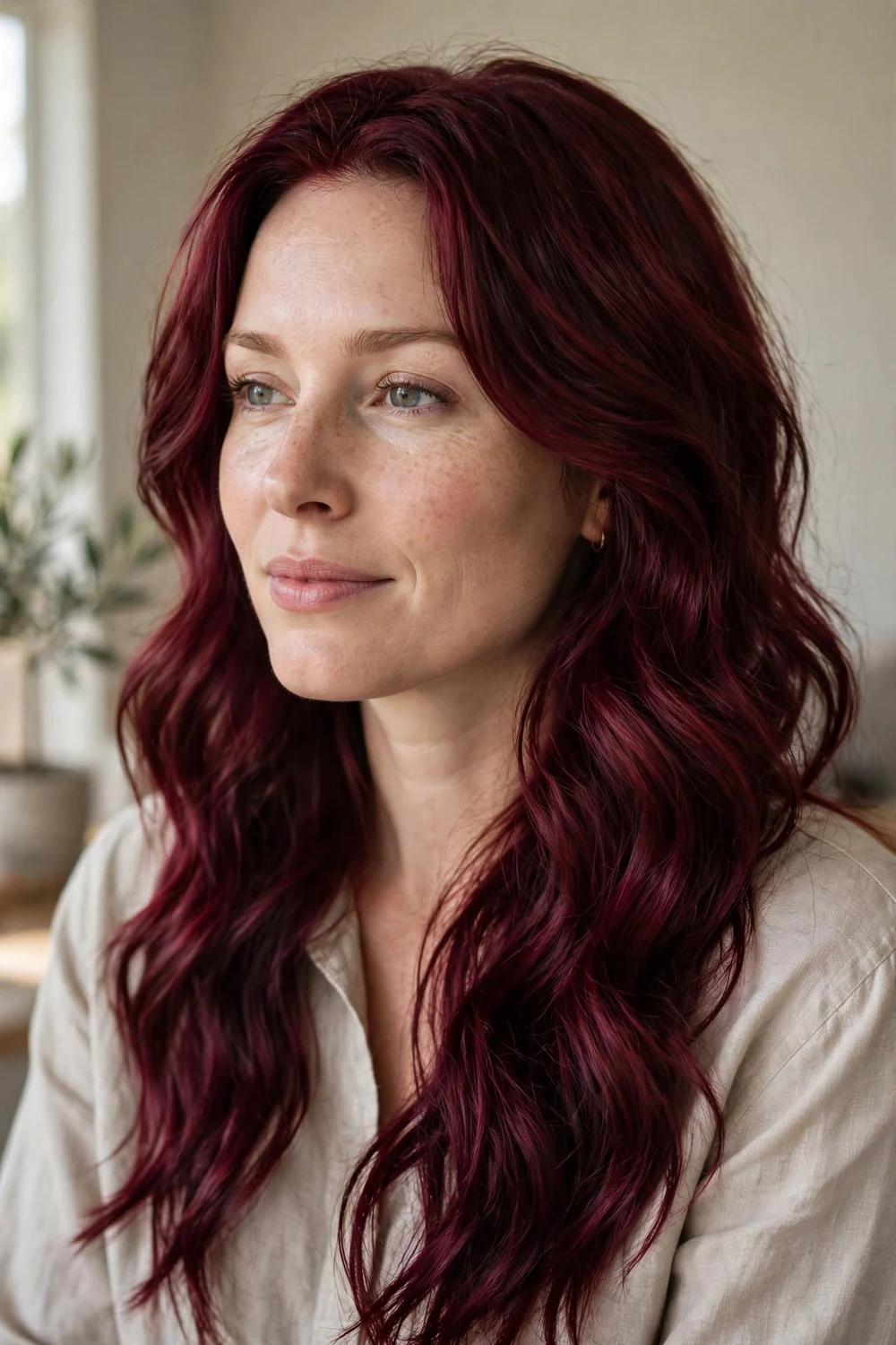 Woman with mulled wine burgundy hair color