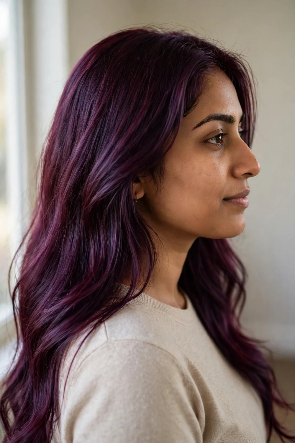 Woman with plum burgundy hair color