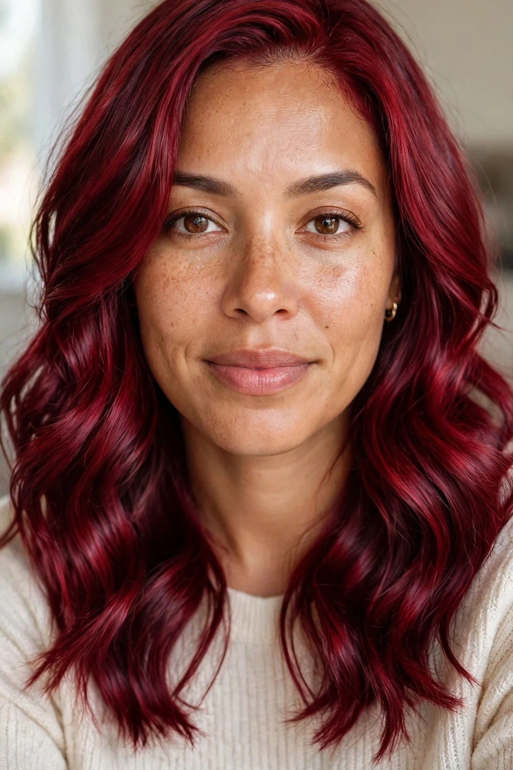 Woman with ruby burgundy waves and gloss finish