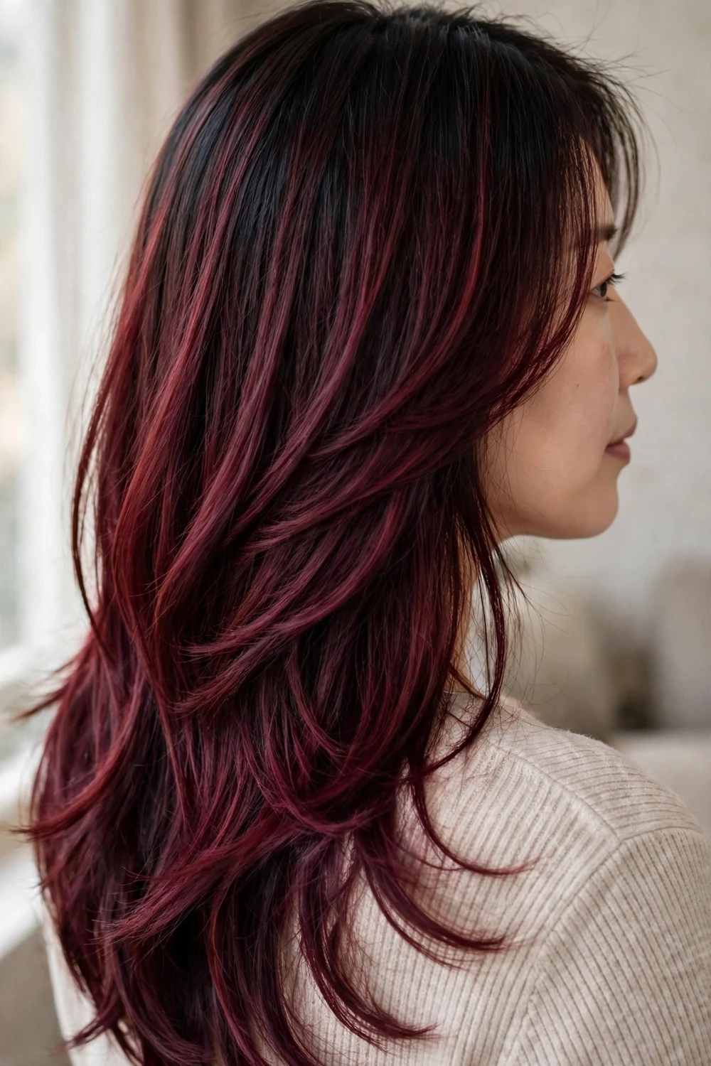 Woman with shadow root burgundy layers