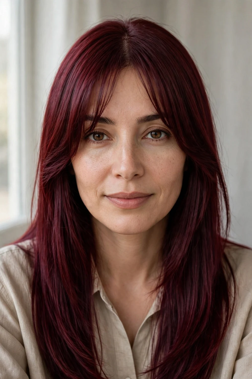 Woman with silky straight burgundy hair and curtain bangs
