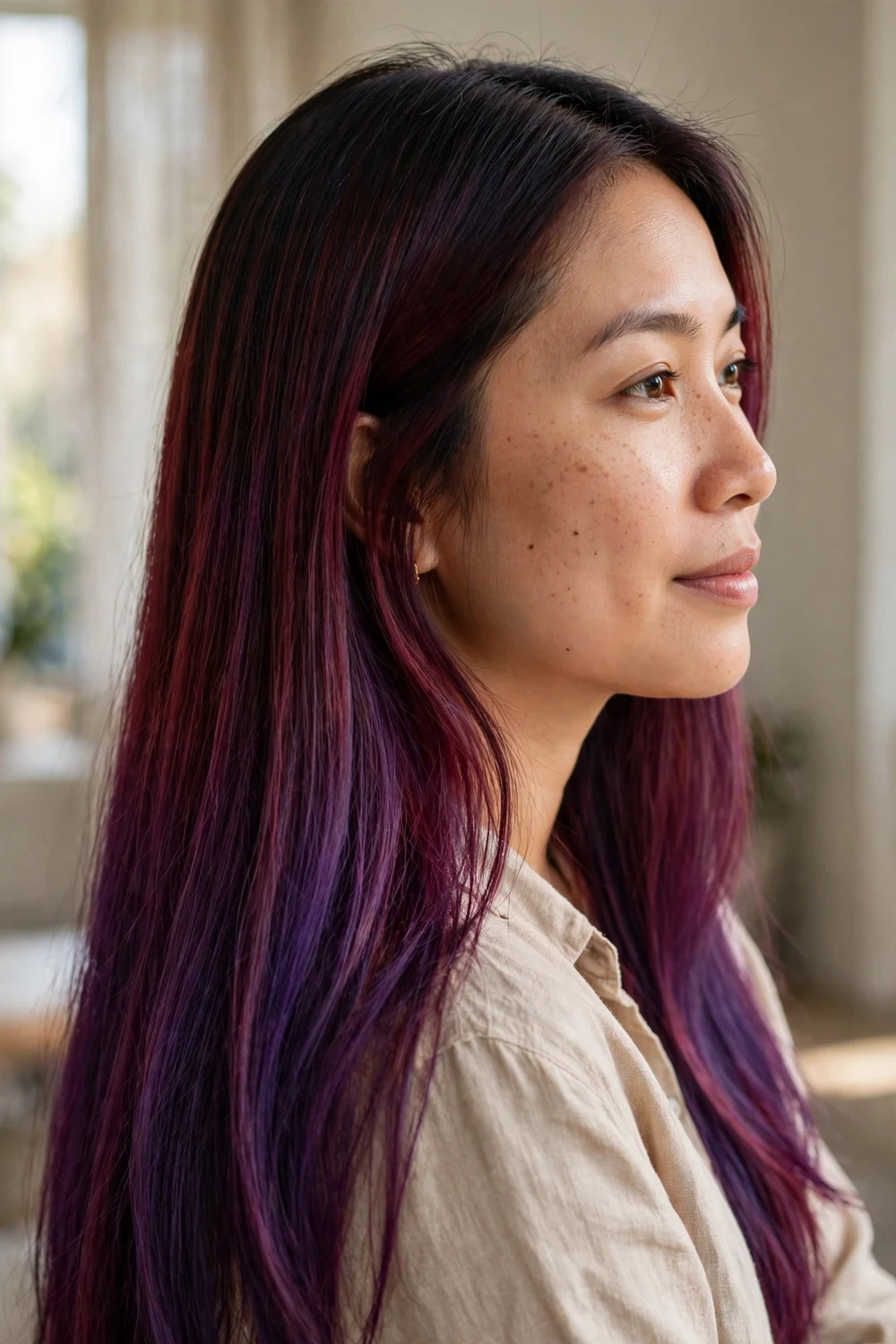 Woman with violet burgundy melt hair color