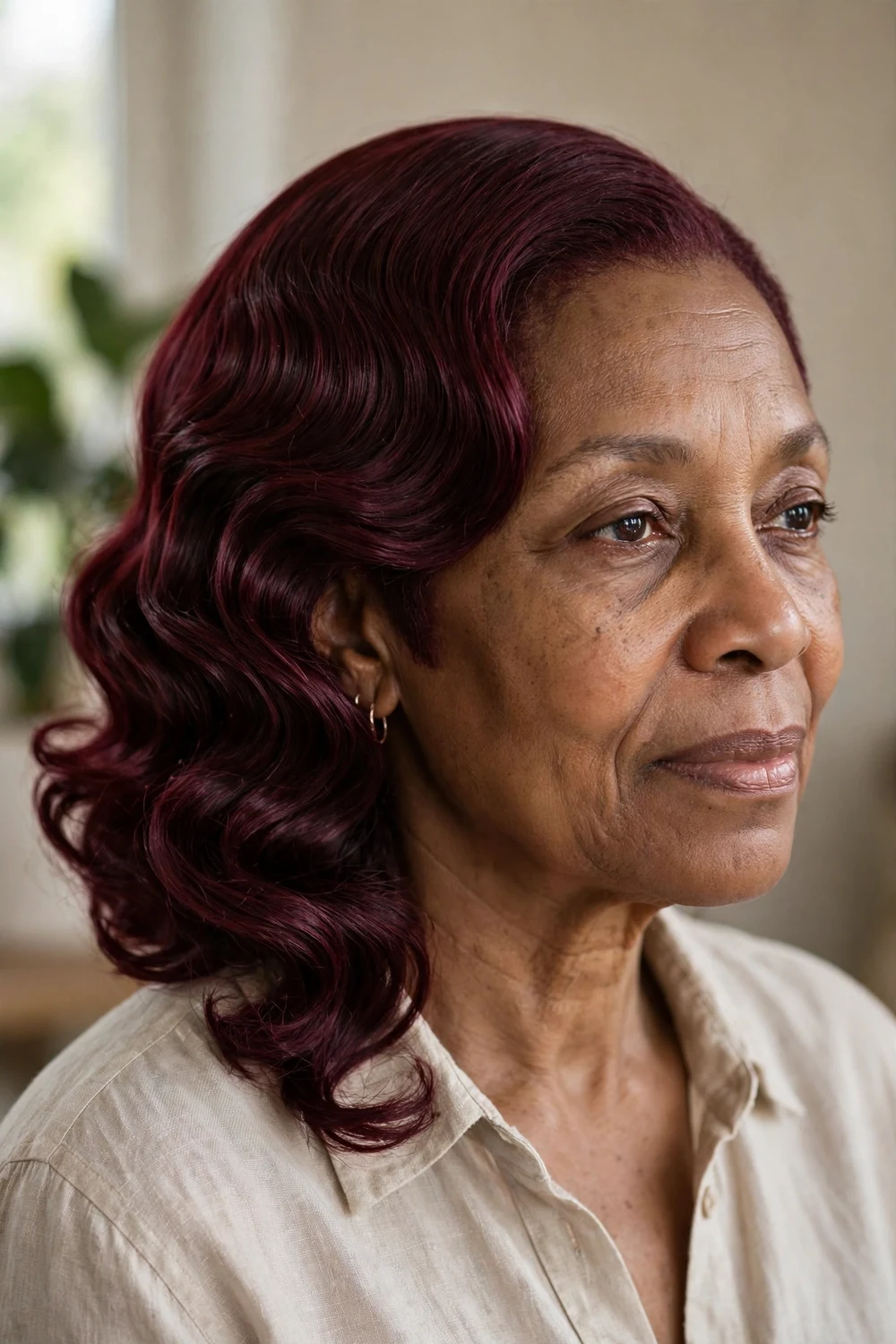 Black woman with burgundy finger-wave asymmetrical bob, sculpted waves on the longer side