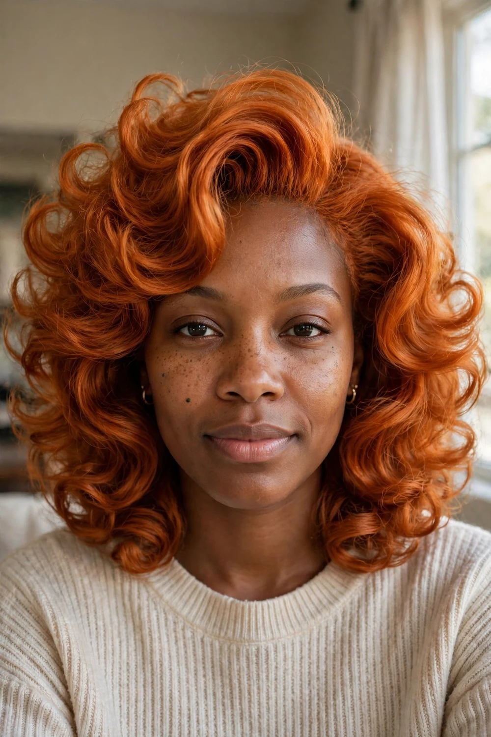 Woman with burnt orange medium hair in bouncy curls