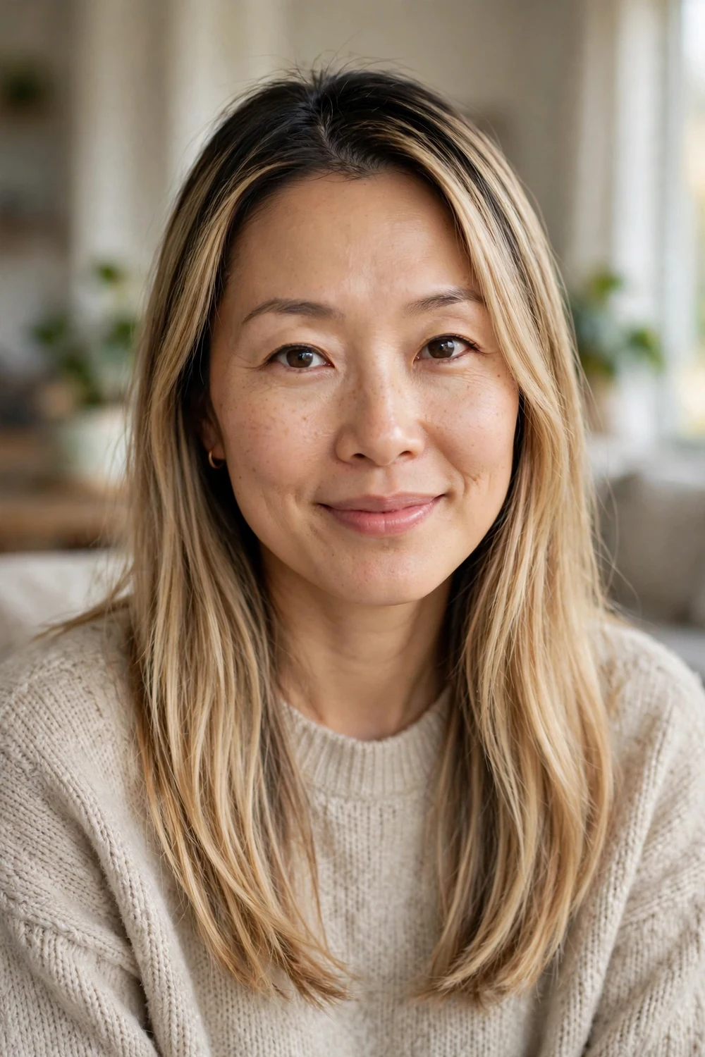 East Asian woman in her mid 30s with long straight dirty blonde hair and warm butter blonde highlights with soft natural roots
