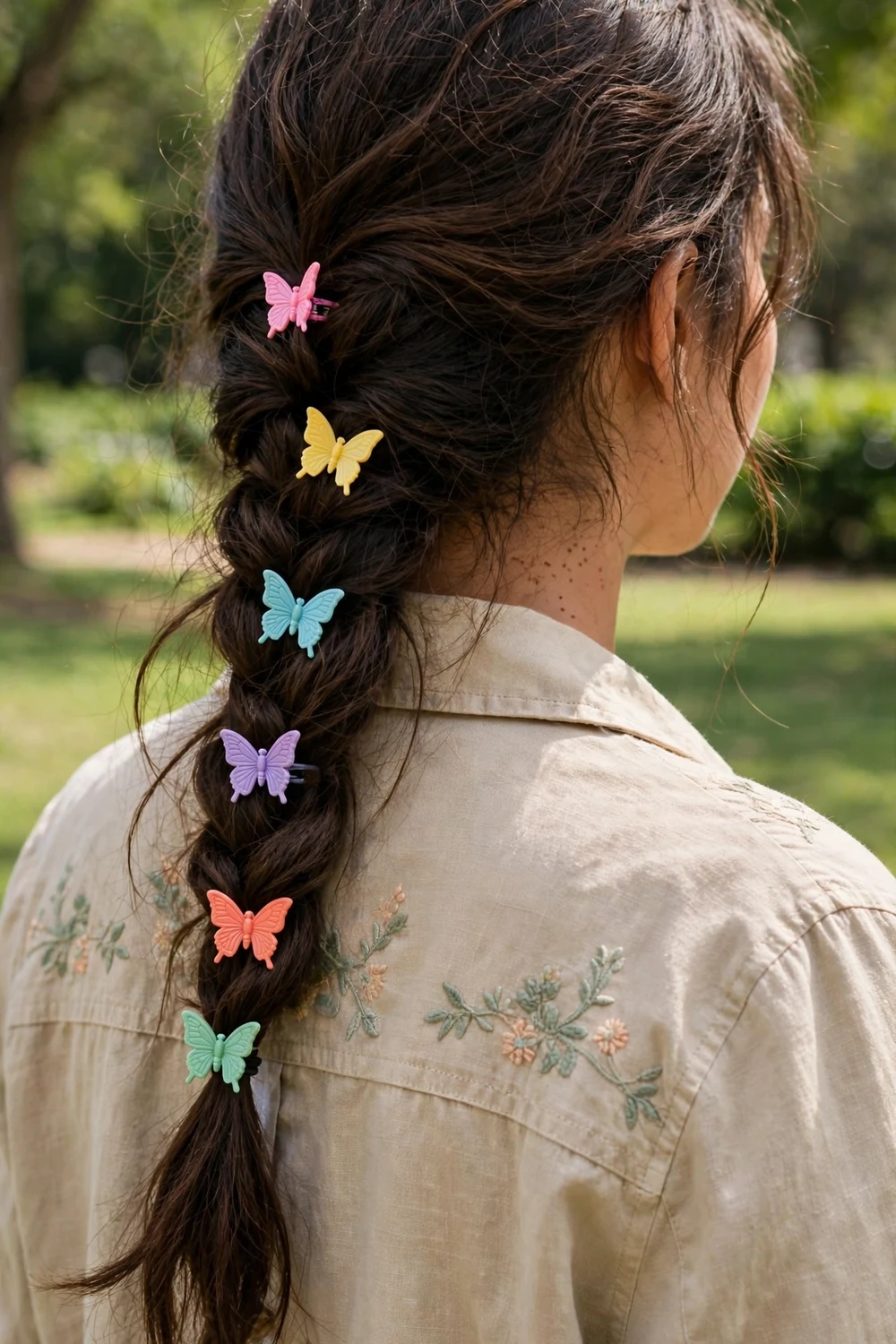 Butterfly clips used as decorative accents in styled hair
