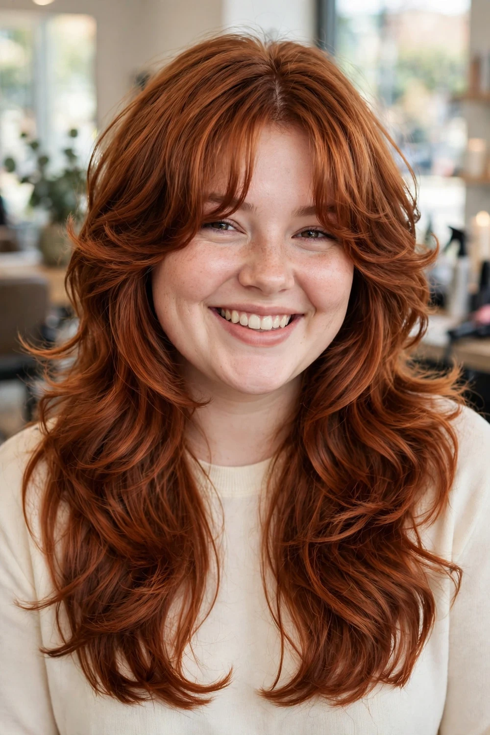 Woman with a round face and a long copper butterfly haircut with chin-length layers flicked away from the face