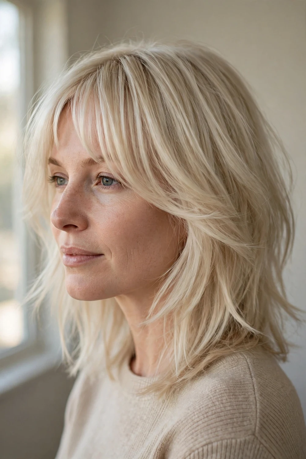 Woman with platinum butterfly cut and bottleneck bangs
