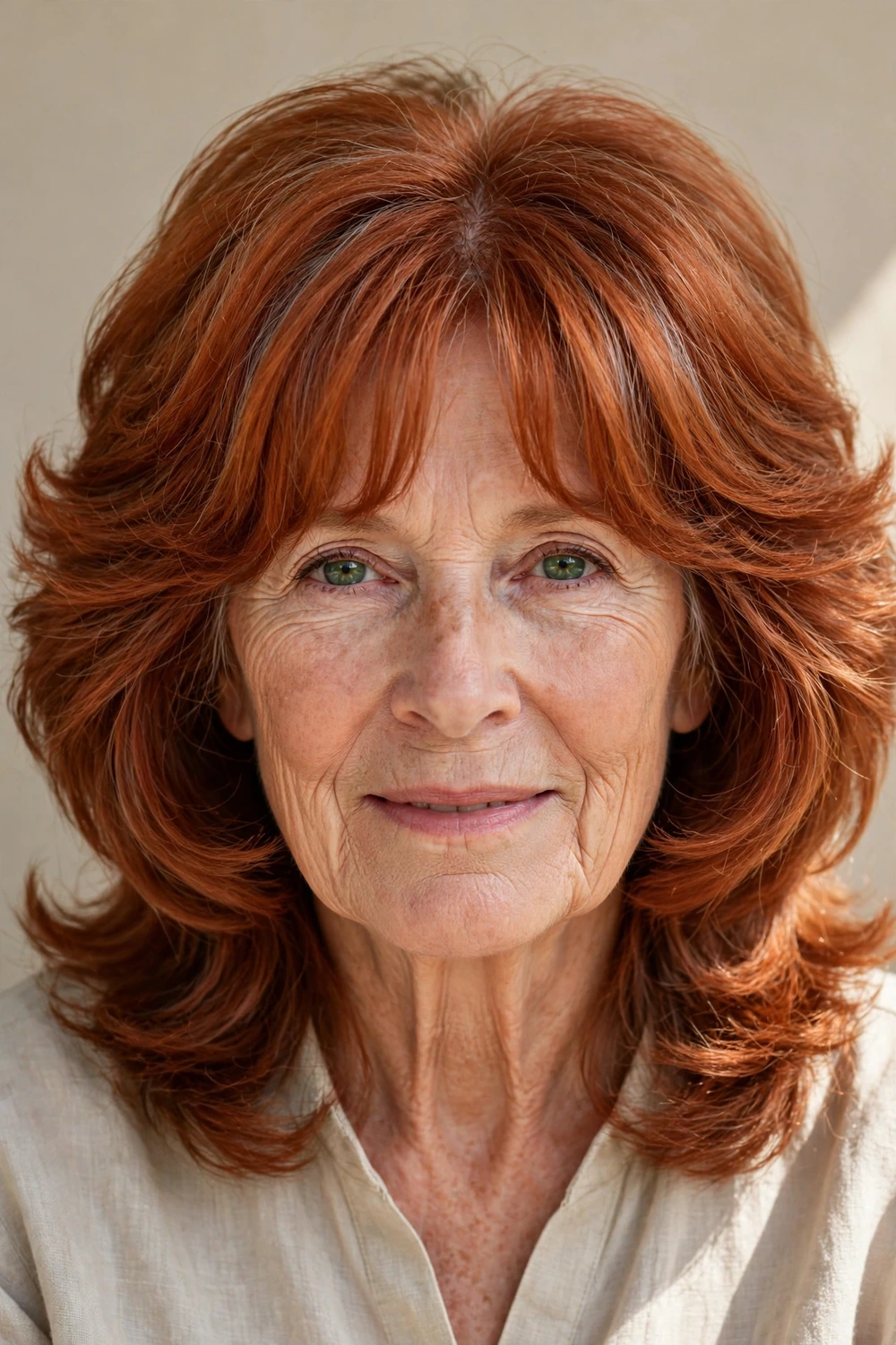 Woman in her late 60s with butterfly haircut and curtain bangs, front view