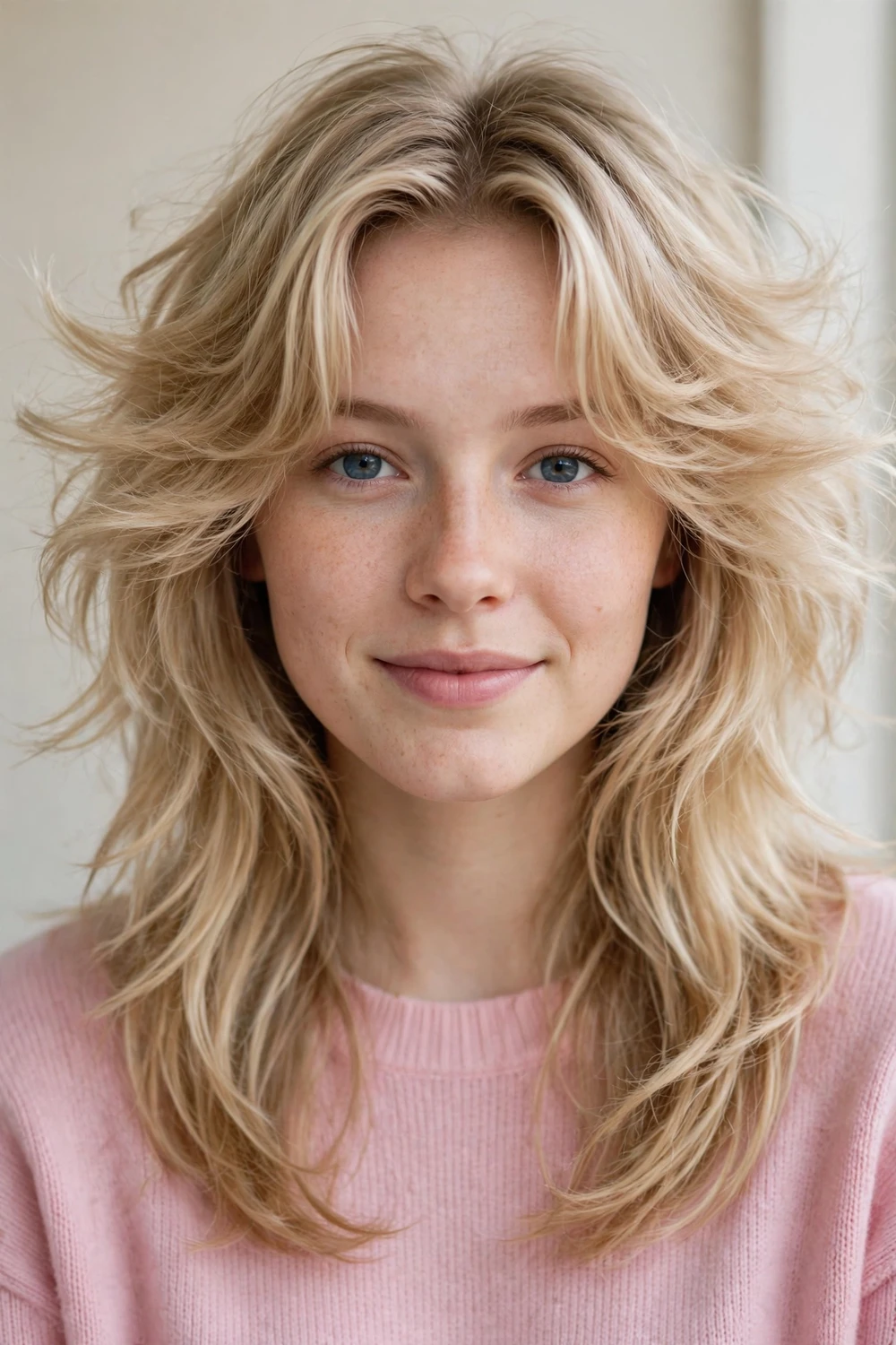 Woman with an oval face wearing a butterfly cut with curtain layers